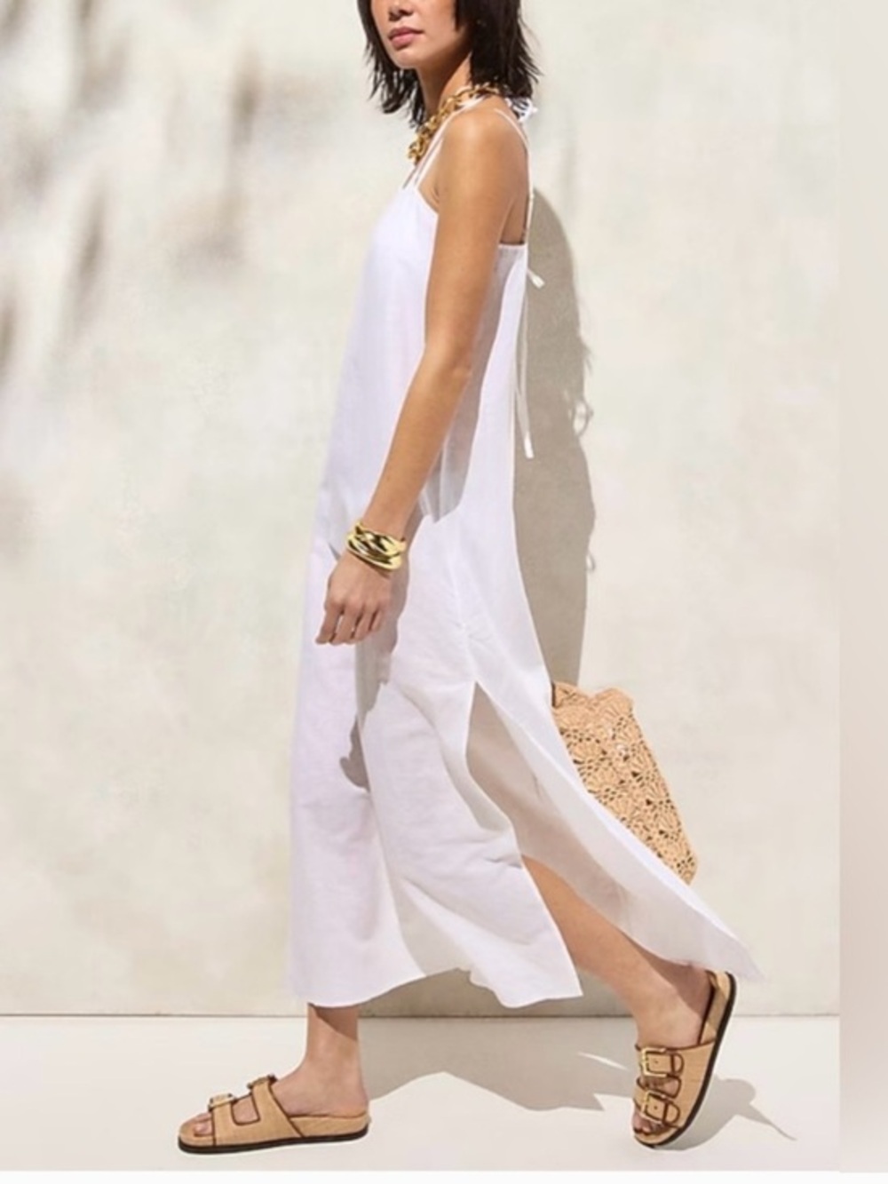 J.Crew White Linen-Cotton Blend Slip Dress with Spaghetti Straps
